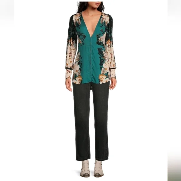 Free People Teal Floral Long Sleeve Blouse EUC - Picture 4 of 9